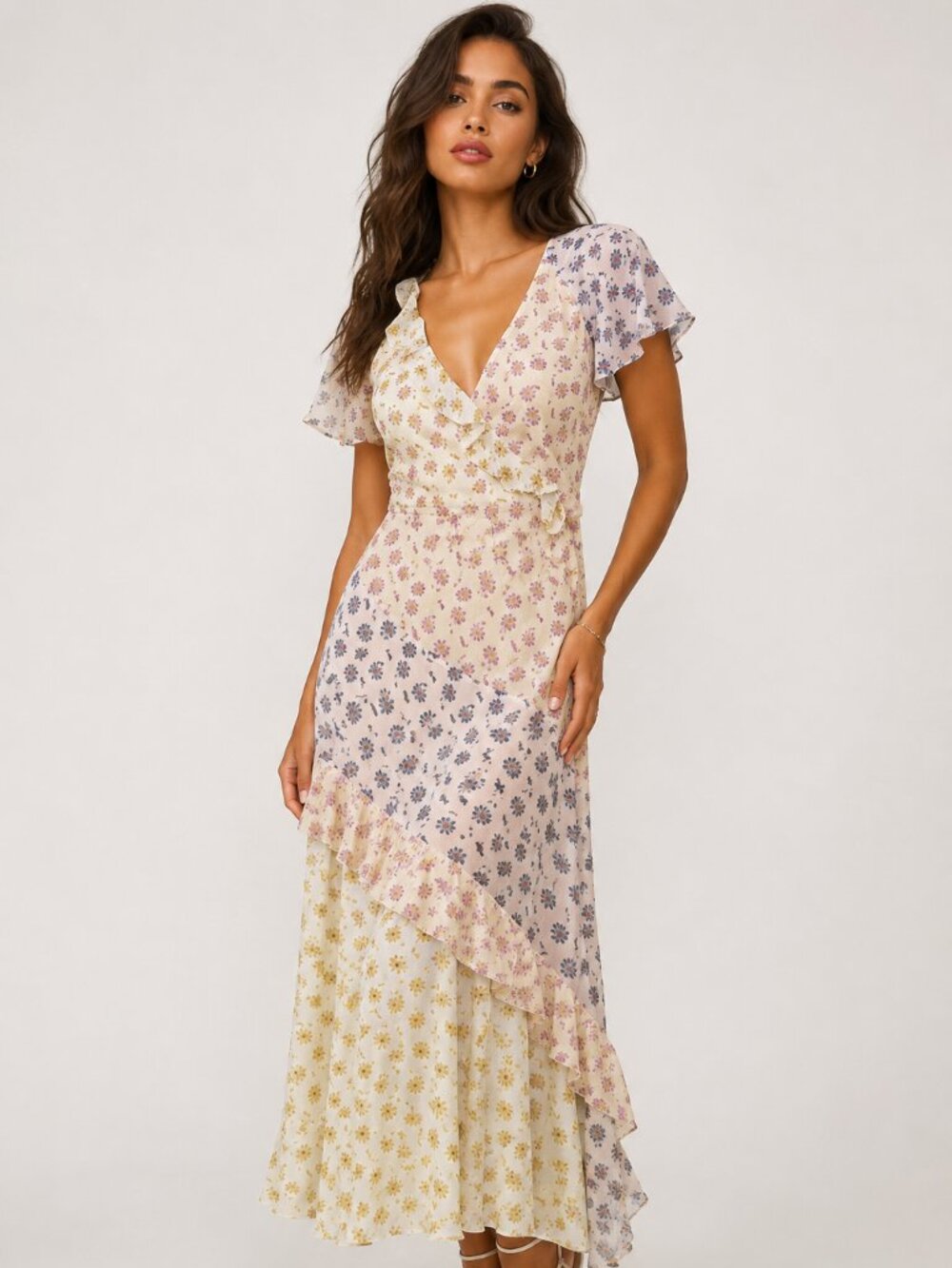 Joie Orita B 100% Silk Patchwork Floral Ruffle Midi Dress Cottagecore